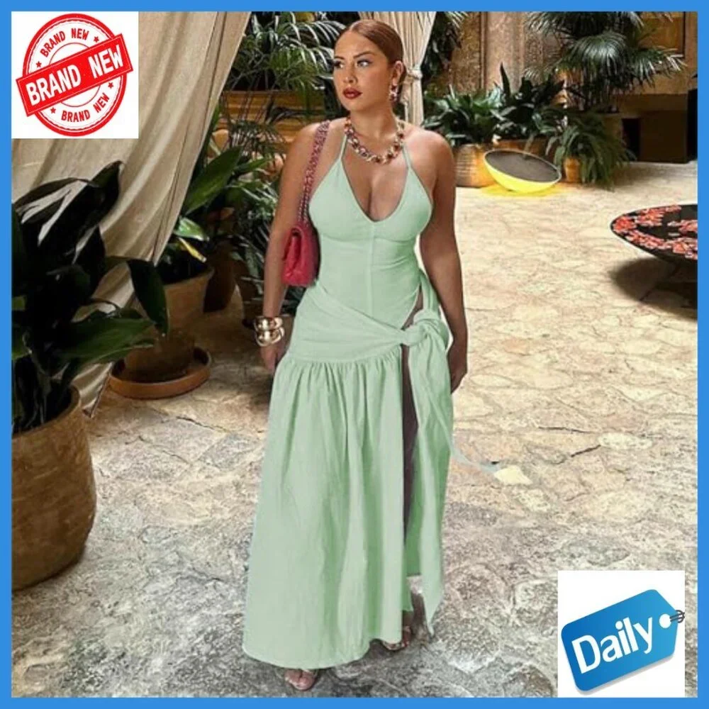 2-Piece Maxi Skirt Set with Bodysuit Top, V-Neck Halter Coverup